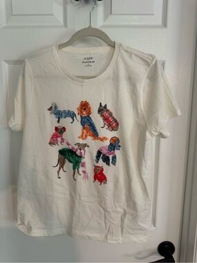 J. Crew White Tee with Colorful Dog Embroidery